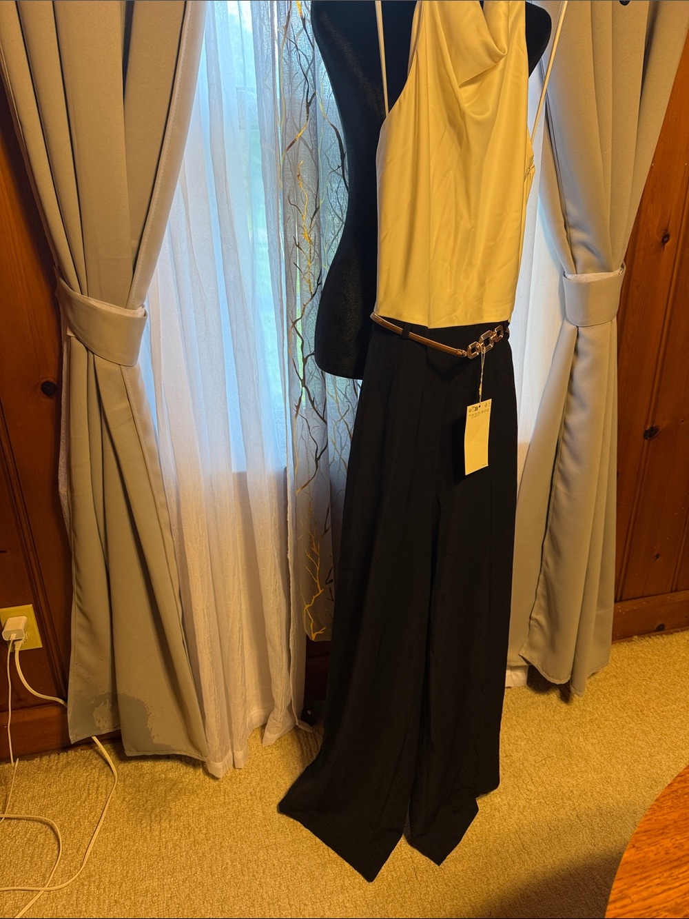 Zara Two-Tone Cream Halter Top with Black Wide-Leg Pants